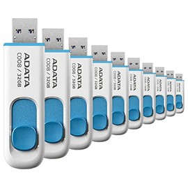 PSA COMPUTO Y PAPELERIA Memoria USB 2.0 ADATA 32 GB, Kit de 10 Piezas, Color Blanco/Azul (Modelo AC008-32G-RWE), Deslizable Diseño Elegante y Minimalista