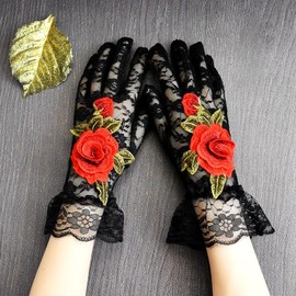 Women's Lace Short Mitten Gloves with Embroidered Flowers - for Brides, Weddings, Cocktail Parties, Tea Parties, Opera, Evenings, Dances & Elegant Short Courtesy Gloves. (Black with Red Flowers)