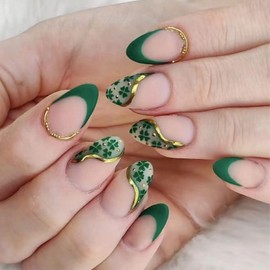 TBRZTR St. Patrick's Day Almond Press on Nails Short Green Four-leaf Clover False Nails Gold Lines Design Green French Tip Press on Nails Full Cover Acrylic Nails Artificial Stick on Nails for Women