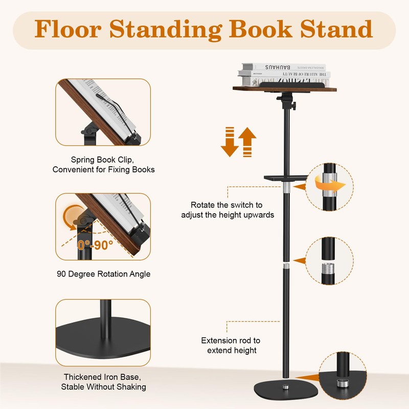 Snughome Floor Book Stand with Removable Tray, Wood Standing Book
