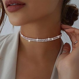 TseenYi Rhinestone Choker Necklace 2 Row Rhinestone Choker