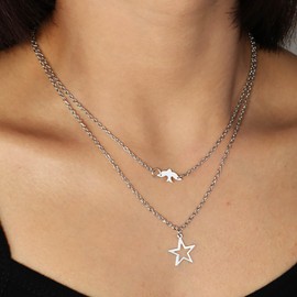 Inilbran Boho Layered Peace Dove Necklace Choker Vintage Dove Bird Necklace Silver Star Pendant Necklace Geometric Star Necklace Chain Jewelry for Women and Girls