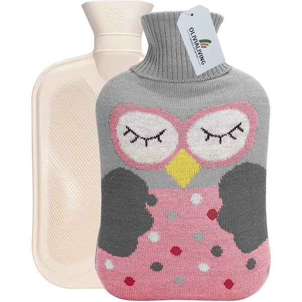 OliviaLiving Hot Water Bottle 2 Litre Hot Water Bottle Hot Water Bottle Hot Water Bottle Hot Water Bottle Hot Water Bottle Hot Water Bottle Cooling Hot Water Bottle with Knitted Cover for Pain Relief Hot Cold Therapy Cartoon Owl (Pink)