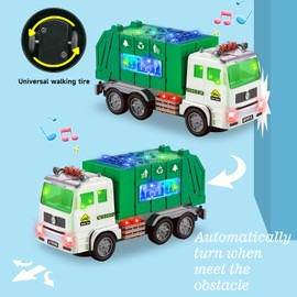 Toy Garbage Truck & Fire Truck & Container Truck Toys for Toddler 1 2 3 4 5 6 Year Christmas Birthday Gifts, Trucks Car Toys with 4D Lights & Sounds- Battery Operated Automatic Bump & Go Garbage Truck