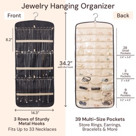 Boxy Concepts Necklace Holder - 2 Pack - Easy-Install 10.5"x1.5" Hanging Jewelry Organizer Wall Mount with 10 Hooks - Beautiful Jewelry Hanger for Necklaces, Bracelets and Earrings (Black)