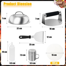 Qcdou Burger Press Kit, Smash Burger Press, 6PCS Flat Top Griddle Accessories Kit, with Smash Burger Press, Burger Flipper, 9'' Cheese Melting Dome, 100 Wax Discs, Spice Bottle, Squeeze Bottle