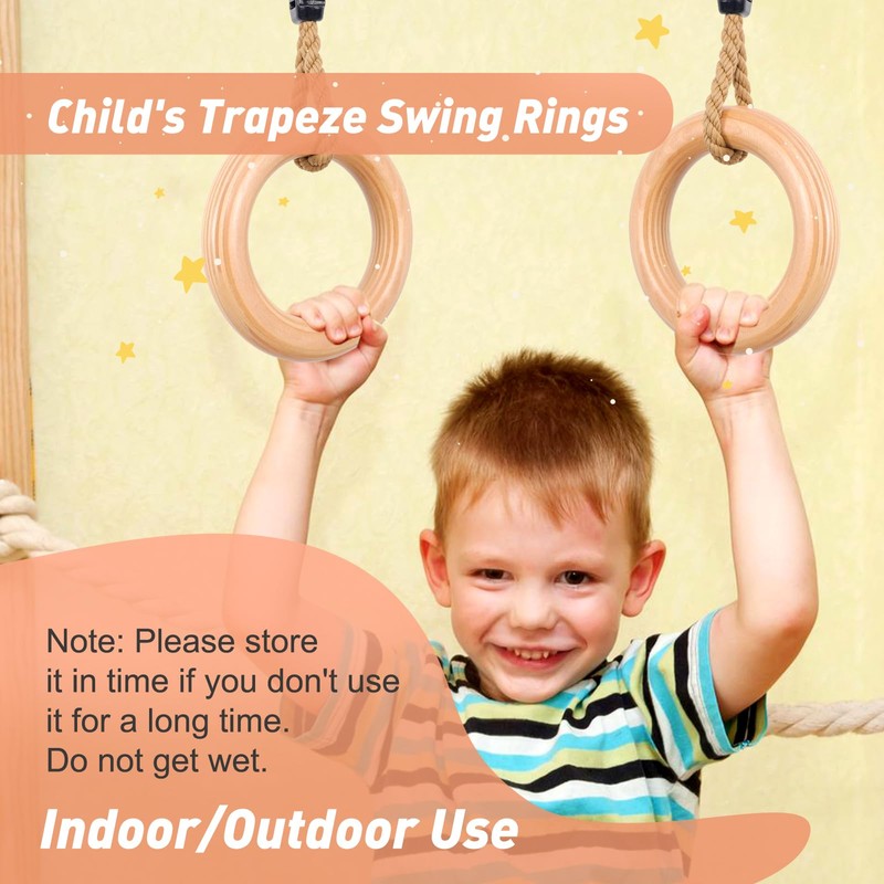 Wooden Gymnastics Rings,Pull up Rings with Adjustable Buckle, Wooden Swing