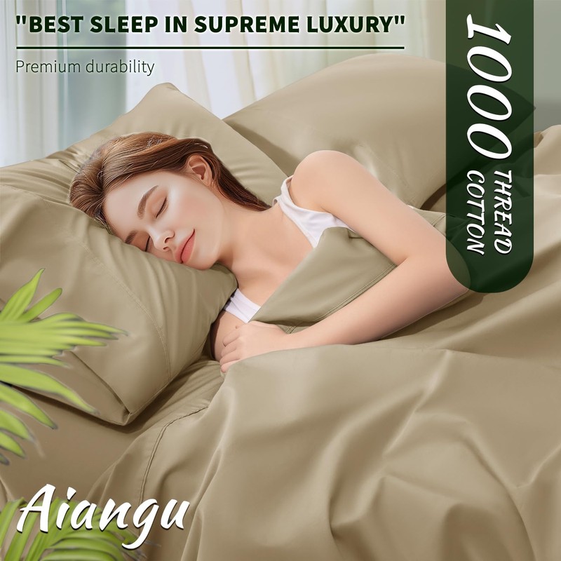 AiAngu 100% Egyptian Cotton Sheet Set 4 Piece, Luxury 1000