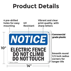 (2 Pack) Electric Fence Do Not Climb Do Not Touch OSHA Notice Sign 14 Inch X 10 Inch Plastic Sign, Weather Resistant, UV Protected for Workplace, Business, and Construction Site, Made in the USA