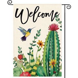 Tikeciti Summer Cactus Floral Welcome Garden Flag 12 x 18 Inch Double Sided, Hummingbird Desert Plant Farmhouse Burlap Small Yard Flag Summer Seasonal Holiday Outdoor Outside Decoration