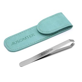 AUSOMTEK Pinzas para Barba, Pinzas para Depicar Cabello Blanco, Acero Inoxidable, Pinzas de Depilación Fina, Herramienta para Dar Forma a las Cejas, Punta de 5mm, Estuche de PU Cian 1 Paquete