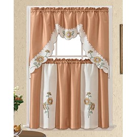 GOHD Very Sunflower. 3PCS Kitchen Cafe Curtain Set Swag Valance and Tier Set. Nice Matching Color Sunflower Embroidery. (Bronze)