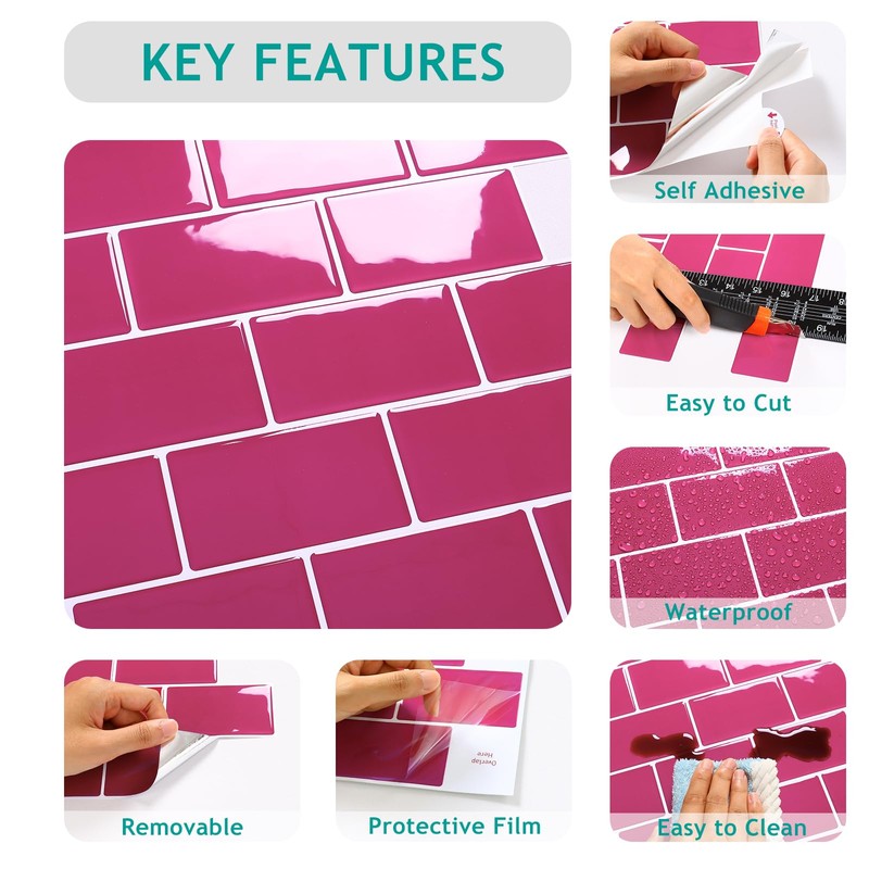 VEELIKE 6 Sheets Berry Pink Subway Tile Peel and Stick