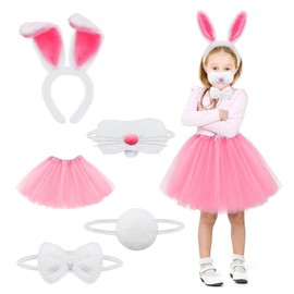 QIKKOP 5 Piezas Disfraz de Conejo para Niña Halloween, Set de Accesorios para el Pelo con Orejas, Corbatín, Nariz, Cola y Falda de Tul Rosa, Ideal para Fiesta de Halloween Cosplay