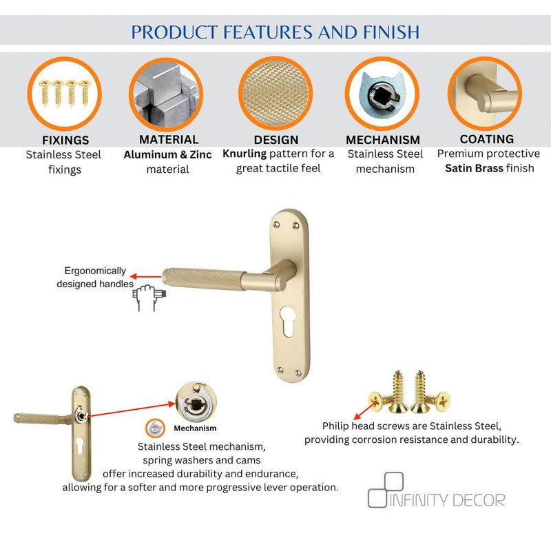 Infinity Decor Satin Brass Knurled Euro Lever Lock Door Handle