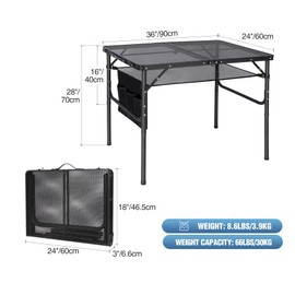 RedSwing Folding Grill Table,Aluminum Portable Grill Stand Table for Outdoor Camping Picnic BBQ Lightweight, Adjustable Height, 36''x24''x16/28'', Black
