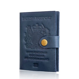 Moirento UK Leather Passport Cover, RFID Blocking Travel Document Wallet Holders British Navy Blue (Navy-Tab)