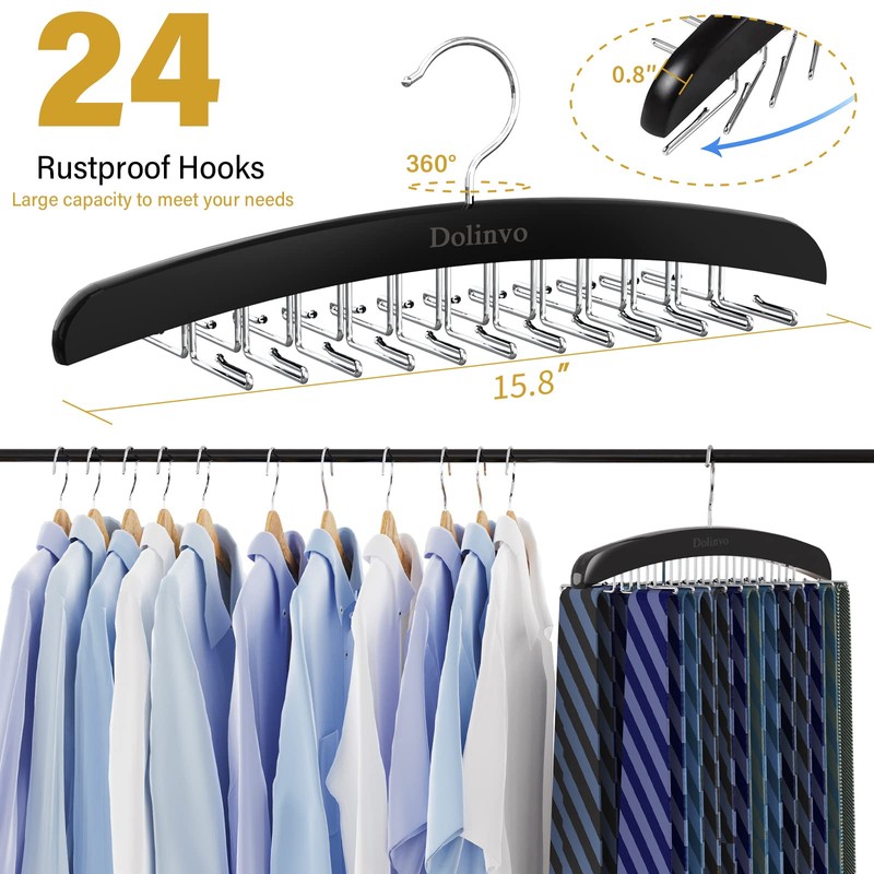 Upgraded Tie Rack 24 Hooks Wooden Tie Hanger Organizer, Tank