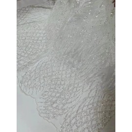 Mia Fabrics White Beaded Fabric by the yard, Damask Pattern With Beads and Sequin