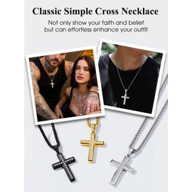 Bestyle CZ Gold Cross Necklace for Men - Sparkle White Zircons Christian Jesus Gold Cross Pendant Chain - Fashion Trendy Black Men Boys Necklace Casual Necklace Every Day Wear Jewelry