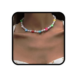 Ushiny Boho Pearl Necklace Colorful Flower Necklace Simulated Pearl Choker Anniversary Party Necklace Jewellery for Women and Girls