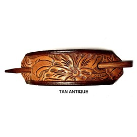 MADE IN AMERICA 100% GENUINE LEATHER HAIR BARRETTE WITH STICK…. CLIPPED CORNER DESIGN PONYTAIL HOLDER…... WESTERN FLOWER PATTERN HAIR CLIP CHOICE OF 5 OUTSTANDING COLORS BT 2104