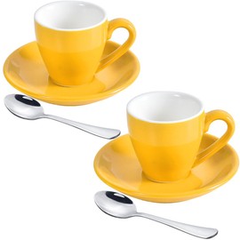 ionEgg Porcelain Espresso Cup with Saucer And Stainless Steel mini Spoons, Espresso shot Cup, 80ml/2.7Oz, Pack of 2, Yellow