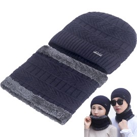 Atsmoce® Winter Hat and Tube Scarf Set, Winter Warm Beanie Hat and Scarf Set for Men and Women, with Thick Fleece Lining, darkblue
