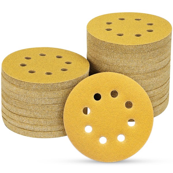 POTUINOM 100PCS 5 Inch 8 Hole Sanding Discs 120 Grit,Gold