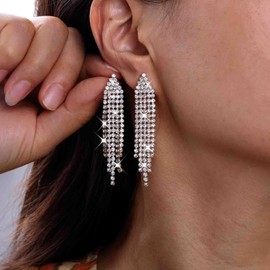 Atentuyi Wedding Rhinestone Earrings Gold Crystal Chain Earrings Sparkling Earrings Long Dangle Drop Earrings Tassel CZ Earrings Jewellery for Women and Girls, Crystal