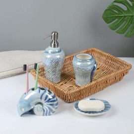 FORLONG Ocean Conch Sea Shell Ceramic Bathroom Accessories Set of 4,1 Gargle Cups 1 Toothbrush Holders 1 Soap Dishes 1 Soap Dispenser Blue