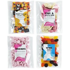 Just Treats Sweet Quartet - Fruit Salad & Black Jacks, Pink & White Mice, Candy Shrimps & Dolly Mix (4 x 175g Bags) - 7,11,13,23