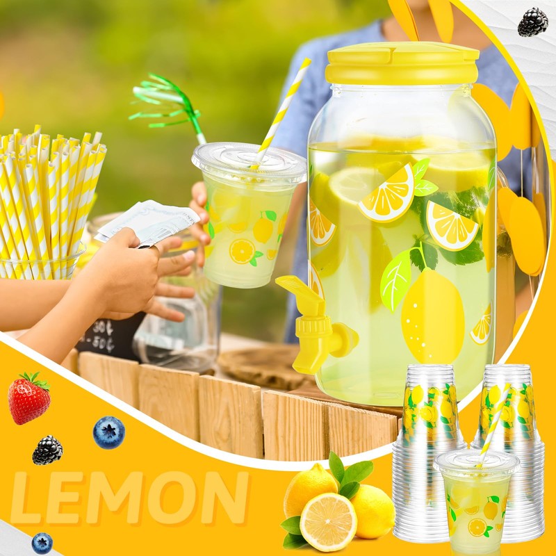 Umigy 1 Gallon Lemon Plastic Drink Dispenser with 100 Pcs