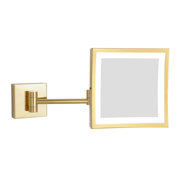 DOWRY Wall Mounted LED Lighted 5X Magnifying Square Makeup Mirror with Plug,8 Inch, Polished Gold Finished Dowry1802D-8x5