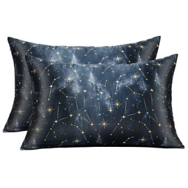 MANSPHIL 2 Pack Silk Pillowcase Queen Black Stars Pattern, 6A Grade 22 Momme 100% Real Mulberry Silk, Blue Starry Sky Pattern Silk Zipper Pillow Case for Hair and Skin, 20"x30"