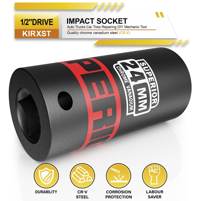 KIRXST 1/2" Drive 24mm Deep Impact Socket, 6 Point CR-V