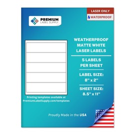 Premium Label Supply Waterproof Matte White Water Bottle Labels – 8” x 2" – Laser Printers Only – (5 Labels/Sheet), 10 Sheets - 50 Total Adhesive Labels