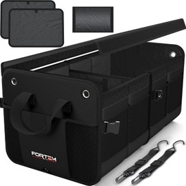 FORTEM Organizador de Maletero de Coche y SUV - Organizador de Coche para Almacenamiento – Caja Plegable con 2 Compartimentos - Base Antideslizante - Cinchas Ajustables - Tapa Extraíble (Negro)