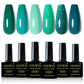 YSUVIN Semi-Permanent Nail Polish, 6 Colors Emerald Green Cyan Dark Green and Glitter Nails Kit Soak Off UV/LED Lamp Diy Manicure Nail Art Set, 8ml
