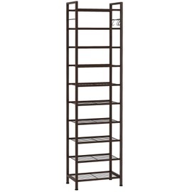 USIKEY 10 Tiers Narrow Shoe Rack 20-30 Pairs, Sturdy Metal Tall Shoe Rack Shelf with 4 Hooks, Slim Shoe Storage Organizer with Metal Shelf, Space Saving Vertical Shoe Rack for Entryway, Closets,Bronze
