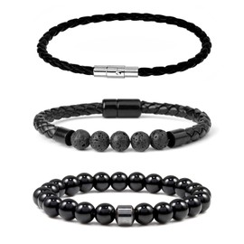XSDSLS Set of 3 Men's Black Leather Bracelet Natural Stone Tiger's Eye Lava Stone Bracelet Pearl Bracelet Men's Valentine's Day Birthday Gifts for Men, One size, Natural stone, leather, No Gemstone