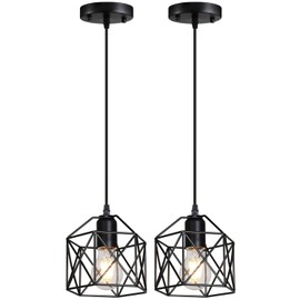 2 Pack 1 Light Vintage Hanging Light Pendant Light Fixture Farmhouse Basket Cage Hanging Ceiling Light，for Kitchen Island Dining Restaurant Room Hallway Hotel Bar Base Black Edison E26…