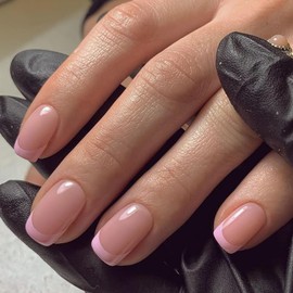 Modelones French Tip Press on Nails Short, Square Fake Nails, Reusable Nail Kit with Nail Glue Adhesive Tabs Mini Nail File, Nails Press Ons 32Pcs 16Sizes, Women Girl Gift, Pink