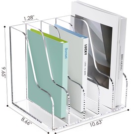 SANRUI Acrylic Desk Organizers, Clear Magazine File Holder, 5 Vertical Compartments A4 Folder Binder Holders Sorter, Office Desktop Workspace Organization Storage Rack for Office Home School