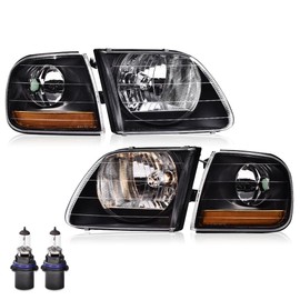 CROSSDESIGN Headlights Assembly Compatible with Ford Expedition 1997-2002 bumper Headlamp Clear lens Black Housing Amber Reflector