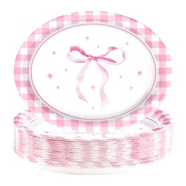 50PCS Pink Bow Oval Paper Plates 10" X 12" Disposable Pink Gingham Bow Party Plates Disposable Conquette Cute Bow Dinnerware for Bachelorette Bridal Wedding Birthday Baby Shower Party Decorations