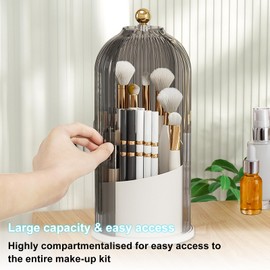 Chrrapte Make Up Cosmetic Organiser, 360 Rotating Makeup Brush Holder Organizer Transparent Dustproof Makeup Brush Organizer with Lid for Dressing Table, Bathroom, Bedroom (Grey)