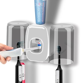 Toothbrush Holders for Bathrooms, Toothbrush Holder,Tooth Brush Holders Set with Toothpaste Dispenser Wall Mounted, Tooth Brushing Holder with 4 Toothbrush Slots (White Gray)