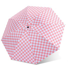 Aikelai Checkered Automatic Compact Umbrella Windproof Waterproof Umbrellas for Rain and Sun, UV Protection Folding Travel Umbrella (pink)