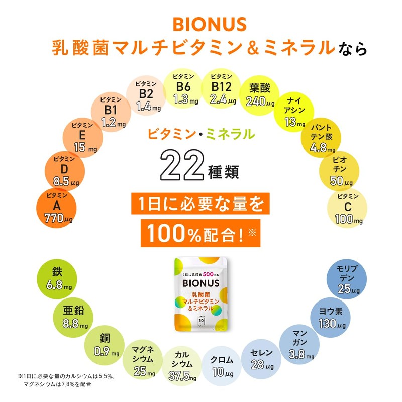 ビオナス マルチビタミン ミネラル 乳酸菌 500億個 BIONUS サプリビタミンA ビタミンB ビタミンC ビタミンD